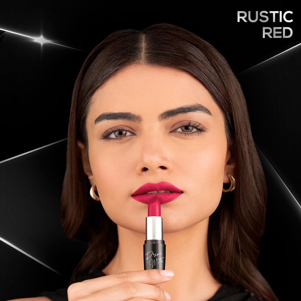 RENEE Prime Matte Lipstick - Rustic Red, Lightweight & Long-Lasting Formula, Creamy Matte Finish, One Swipe Application, Non-Drying, Vitamin E Infused, 4.5Gm