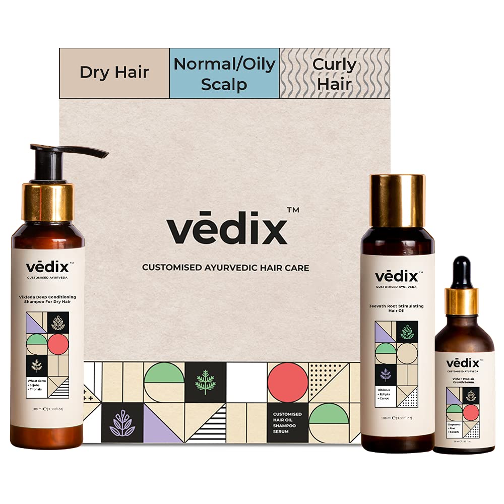 Vedix Customized Hair Fall Control Regimen - Normal-Oily Scalp & Curly Hair - 3 Product Kit - Anti Hair Fall Oil Hibiscus + Eclipta - Shampoo For Dry Hair, 540 Grams