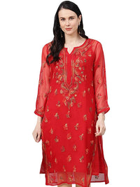 Ada Lucknowi Hand Embroidered Chikankari Women's  Georgette Kurta Kurti with Slip