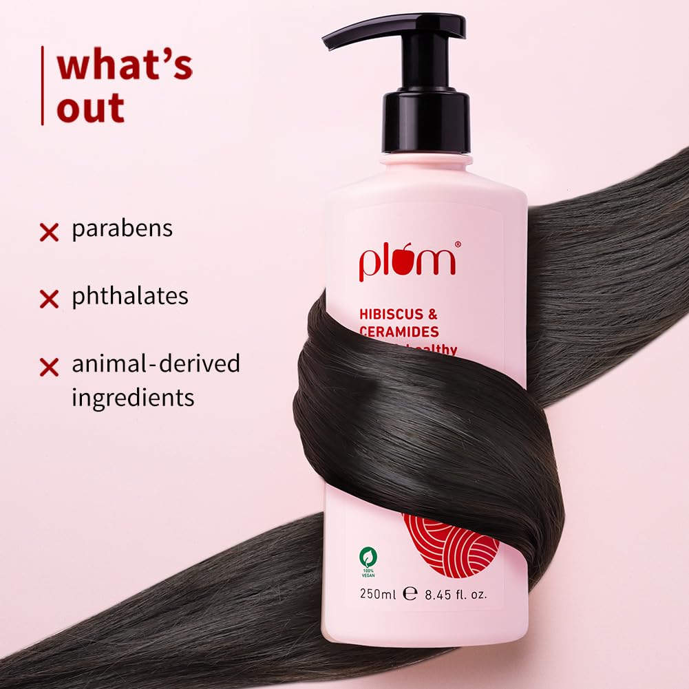 Plum Hibiscus & Ceramides Long & Healthy Shampoo | Hydrates & Conditions Hair, Prevents Split Ends |Contains Hibiscus Extracts, Ceramides | SLS & Paraben Free| 100% Vegan | 250ml