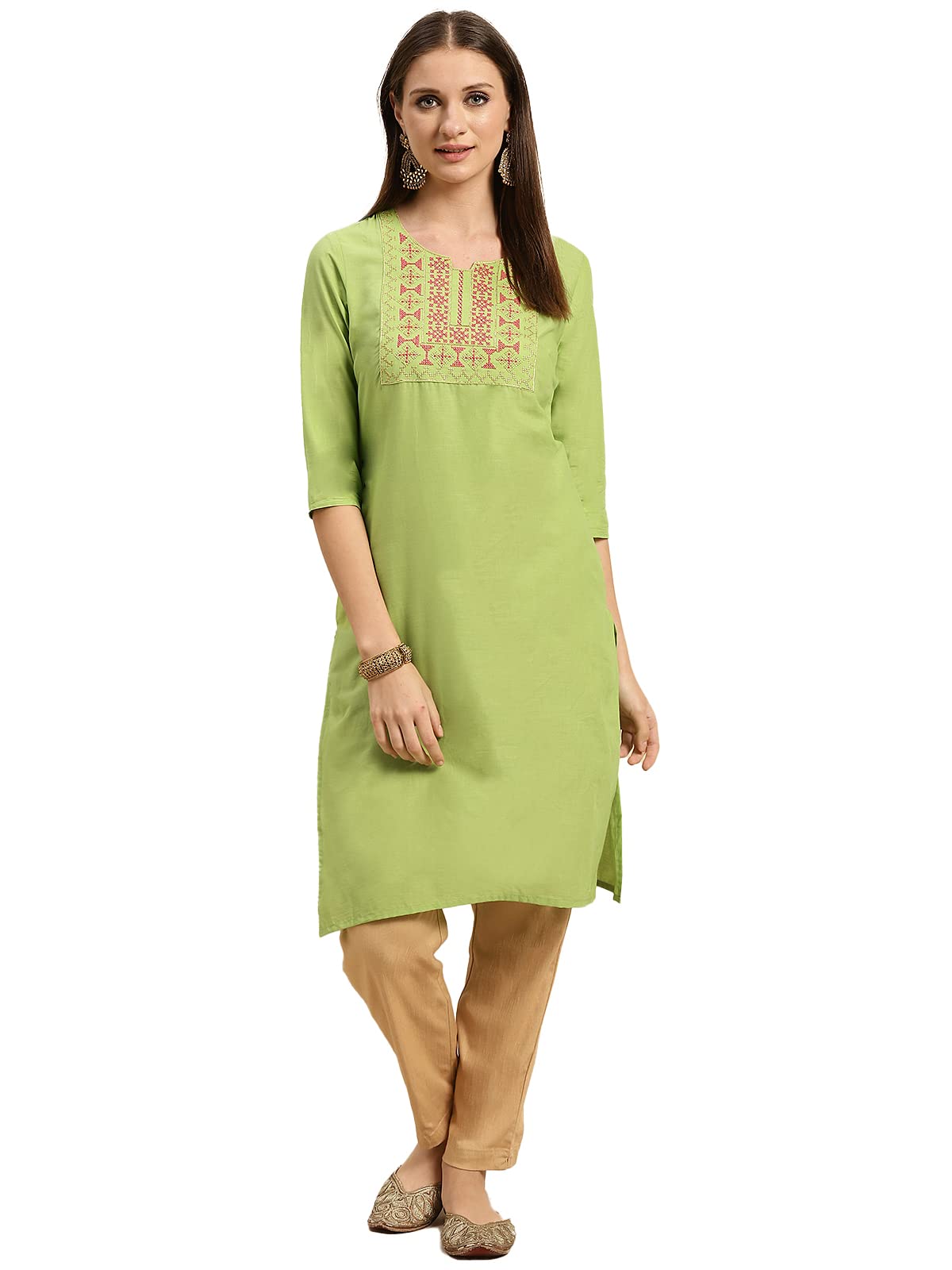 rangita Women 100% Cotton Yoke Zari Embroidered Knee Length Straight Kurti