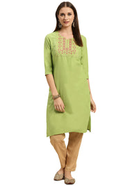 rangita Women 100% Cotton Yoke Zari Embroidered Knee Length Straight Kurti