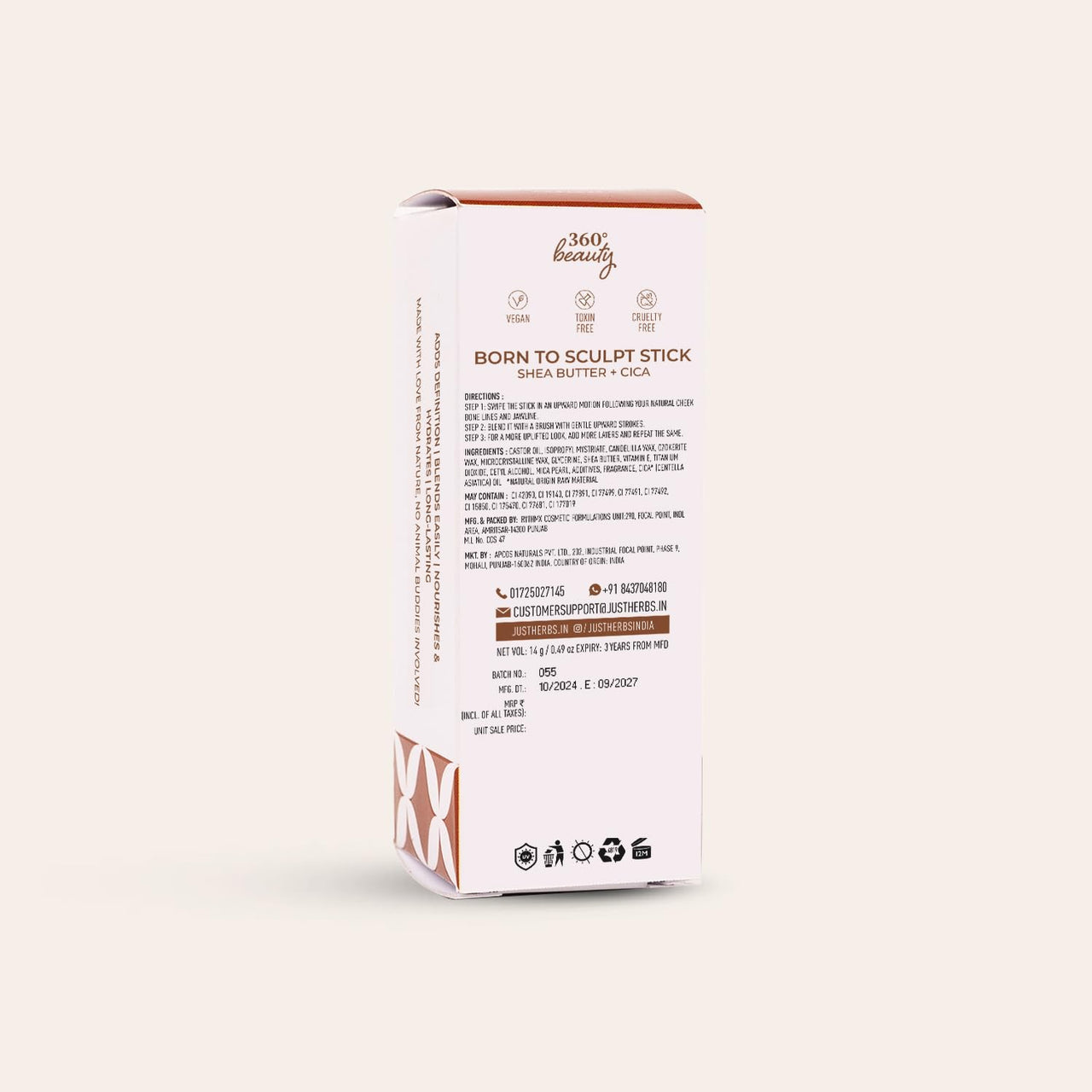 Just Herbs Super Hydrating Born To Sculpt Long Stay Bronzer Stick with Shea Butter | Richly Pigmented | Defines and Uplift Appearance | Matte Finish | All Skin Types for Women 14g (Cappucino)