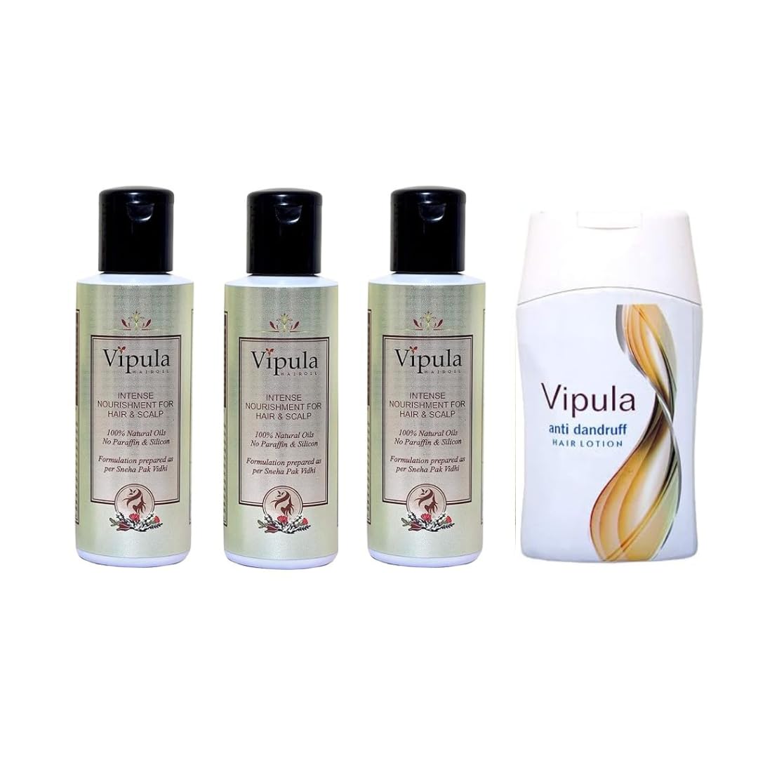 Vipula 100% Natural Ayurvedic Herbal Hair Oil, for Longer, Thicker, Shinier Hairs with Sulfate & Paraben Free Shampoo - Repairs Damaged Dry & Dull Hairs, Promotes Hair Growth- (Pack of 3+1 Shampoo)