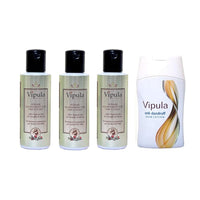 Vipula 100% Natural Ayurvedic Herbal Hair Oil, for Longer, Thicker, Shinier Hairs with Sulfate & Paraben Free Shampoo - Repairs Damaged Dry & Dull Hairs, Promotes Hair Growth- (Pack of 3+1 Shampoo)