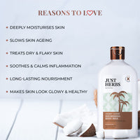 Just Herbs Body Lotion For Dry Normal & Combination Skin Nourishing Body Milk With Coconut + Almond - 300ml & Just Herbs SPF 35+ Nosun Sunscreen Gel, Lightweight, Broad Spectrum PA 35++++- 50ml Combo