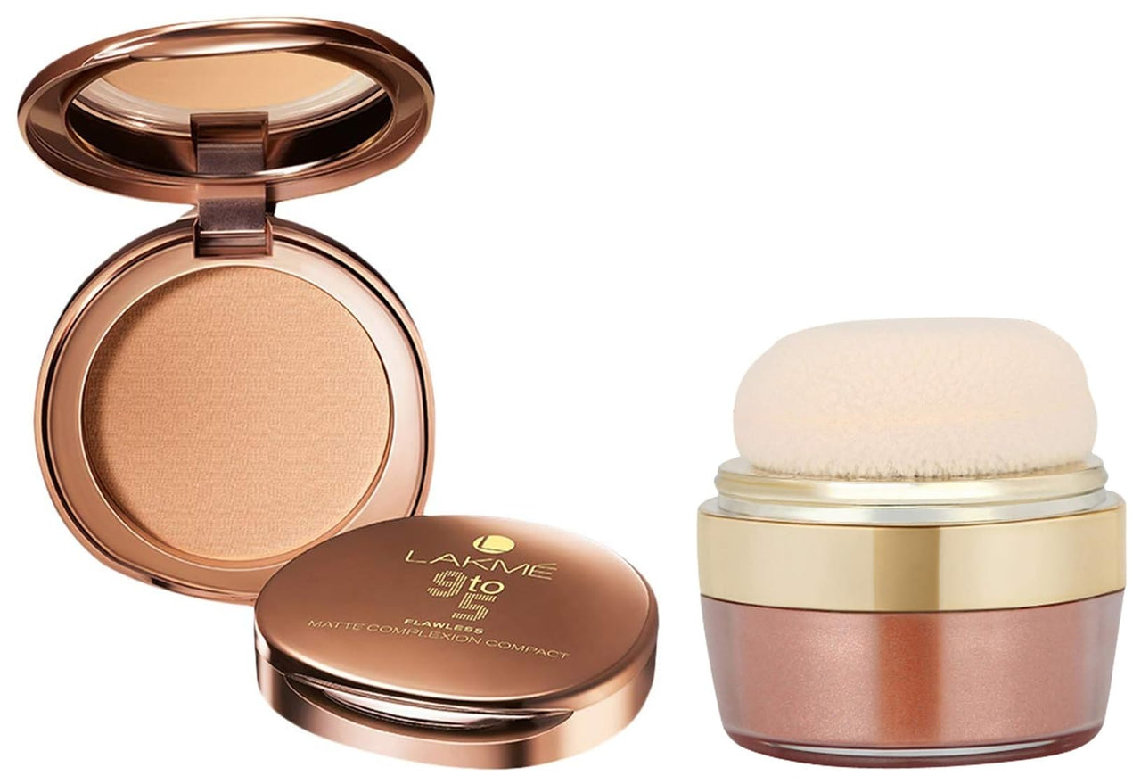 Lakmé 9 to 5 Flawless Matte Complexion Compact Powder, Melon, Absorbs Oil, Conceals & Gives Radiant Skin - All Day Matte Finish Face Makeup, 8 g & Face Sheer Highlighter, Sun Kissed, 4g