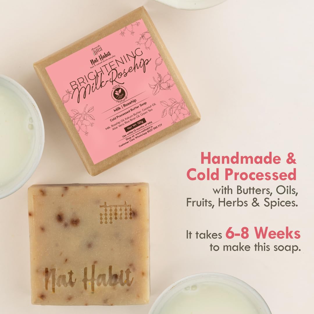 Nat Habit Brightening Milk-Rosehip & Detox Charcoal Butter Bath Soap With Cold Processed For Detoxification, Tan Removal & Skin Whitening (125g x 2, Combo)