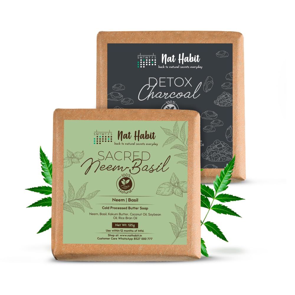 Nat Habit Detox Charcoal & Sacred Neem-Basil Butter Bath Soap, Anti-bacterial With Cold Processed For Skin Infections, Body Acne & Pimples (125g x 2, Combo)