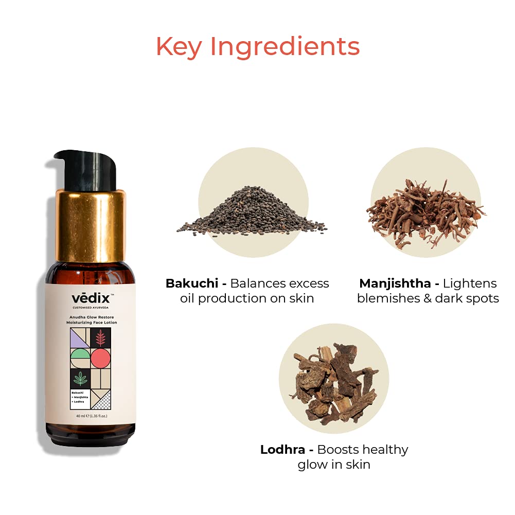 Vedix Anudha Glow Restore Moisturizing Face Lotion For Oily Skin With Bakuchi, Manjishta and Lodhra l Customized Ayurvedic Face Moisturizer - 40 ml