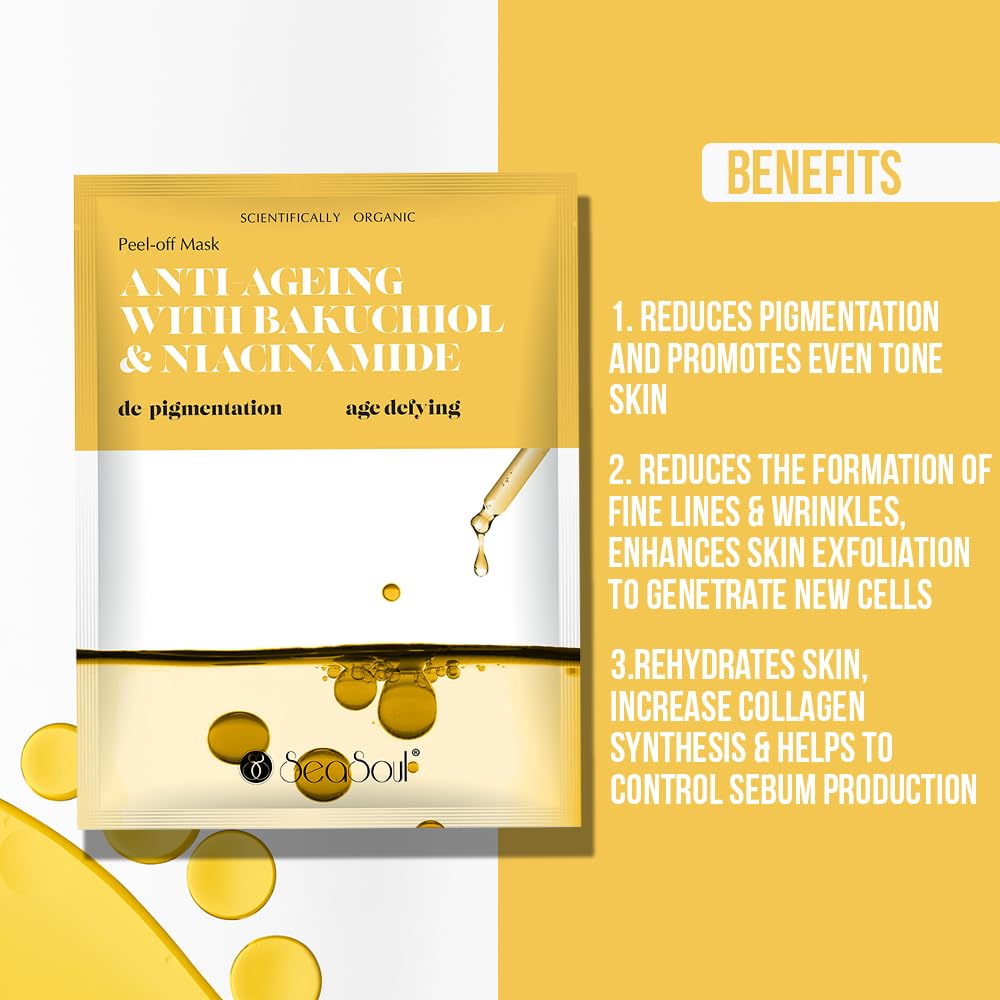SEA SOUL Anti-Ageing Peel Off Mask - 20g | With Bakuchiol & Niacinamide for Skin Brightening, Fine Line Reduction & Collagen Boost | Anti Wrinkle & Detox Face Mask for Glowing Skin