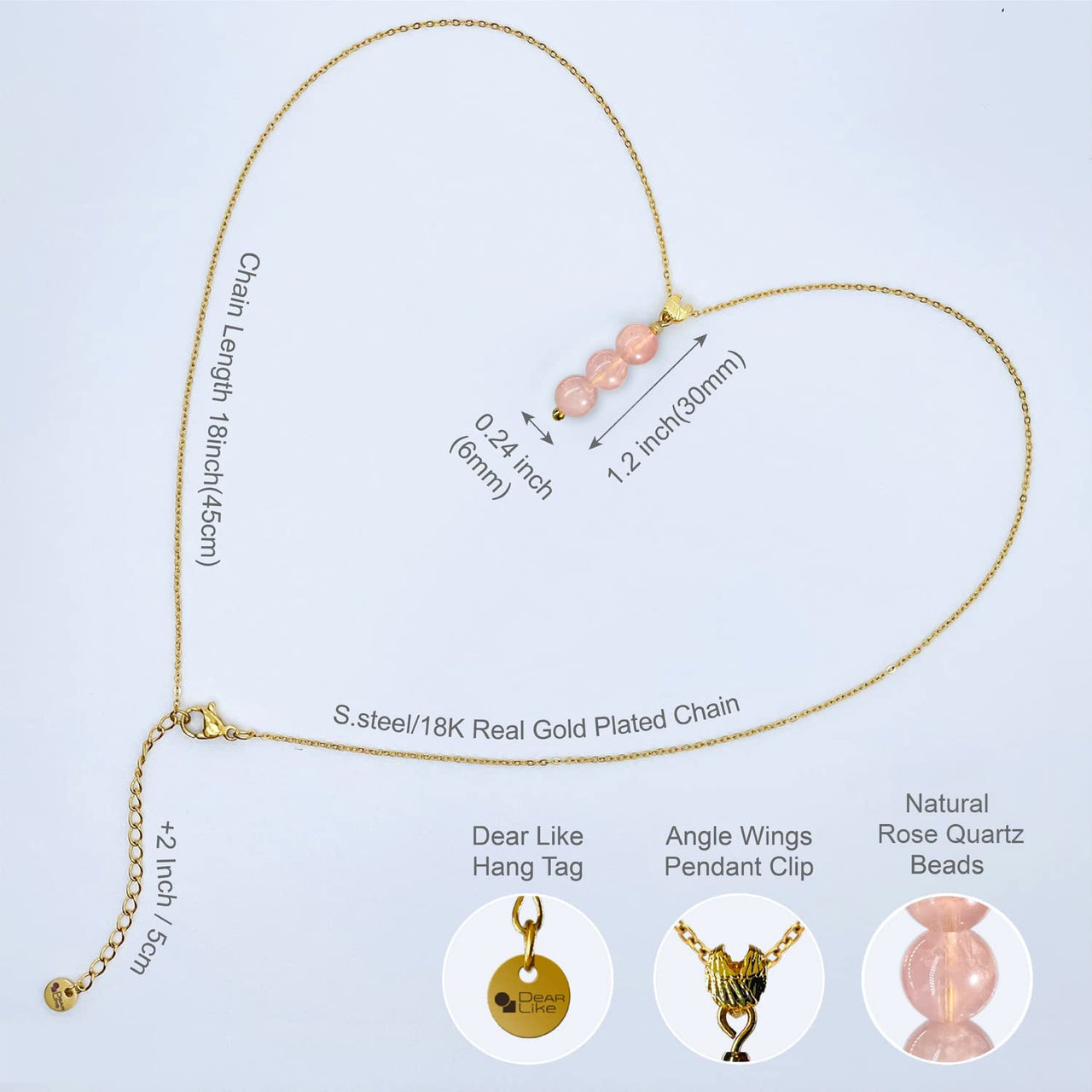 Rose Quartz Crystal Necklace, Gold Necklace for Women, Angel Wing Pendant and Delicate 6MM Ball Beads, Birthstone Gemstone Necklace for Women, February, October Gift of Healing the Mind Necklace Rose Quartz