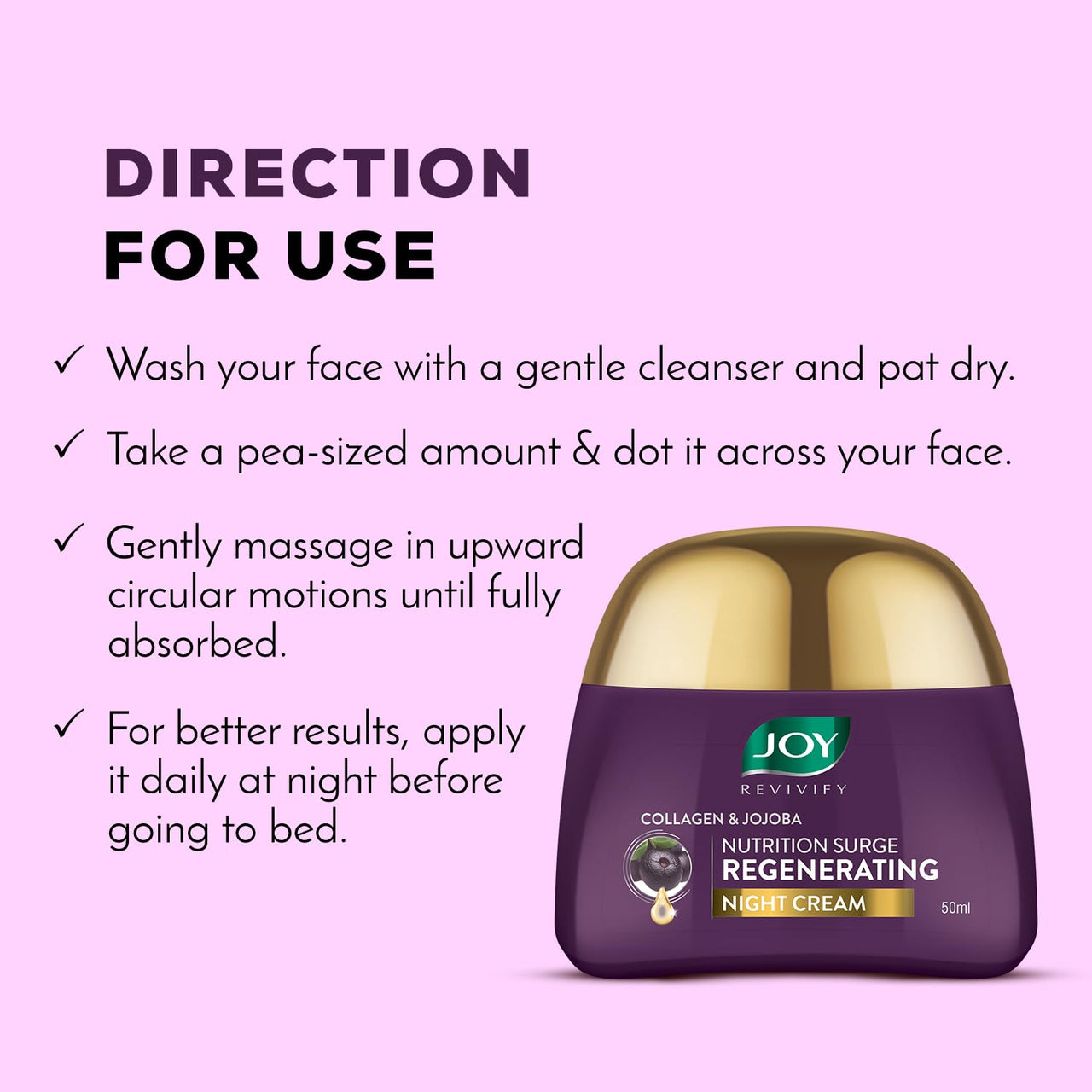 Joy Night Cream with Collagen, Jojoba, Shea Butter & Gotu Kola For Overnight Skin Repair | Ultra Light & Non Greasy Face Cream for Renewing Tired Skin & Prevent Premature Ageing 50ml