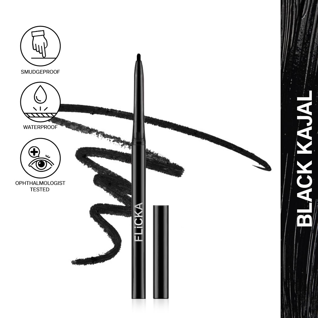 FLiCKA Breathtaking Eyes Twist Kajal Waterproof, Smudge Proof, Longlasting, Dermatologically approved, Intense Colour, Black, 0.30g