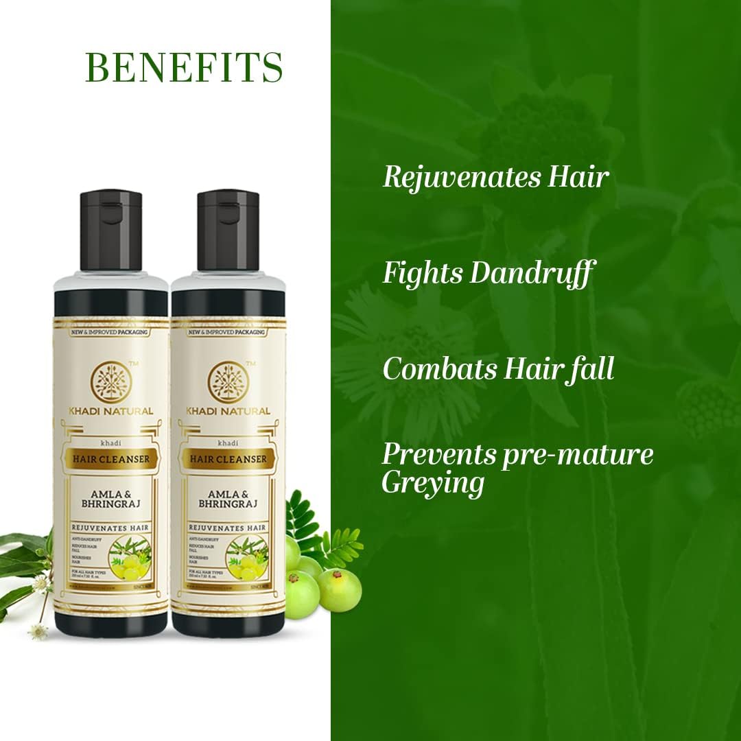 Khadi Natural Amla & Bhringraj Hair Shampoo | Hair Cleanser with Natural Ingredients | Anti-Dandruff Shampoo | Anti-Hair Fall Shampoo | Shampoo for Nourishing Hair| Suitable for All Hair Types, 210 ml (Pack of 2)