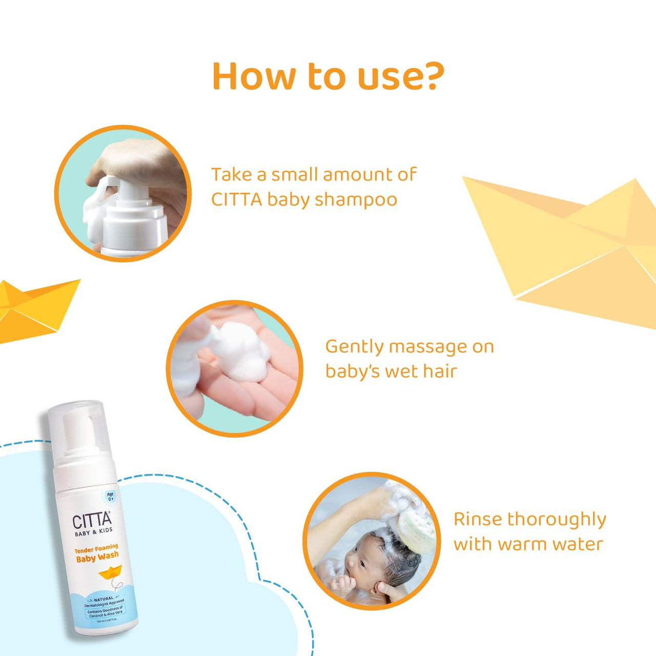 CITTA’s Tender Foaming Baby Wash with Coconut & Aloe vera | Soothe Dry Itchy Skin | Natural Baby Body Wash for Bath | Skin Friendly pH | Dermatologically Tested | 0-10 Years | 150ml