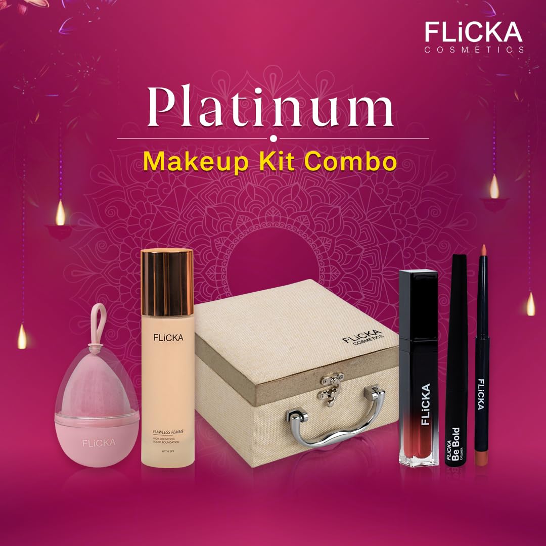 FLiCKA Wedding & Anniversary Gift Makeup Box Combo Pack | Flawless Foundation, Beauty Blender, Set & Attack Lipsticks, Be Bold Eyeliner, Lipliner, Vanity Box | Best Gift hamper for Sister, Girlfriend, Wife, Mother