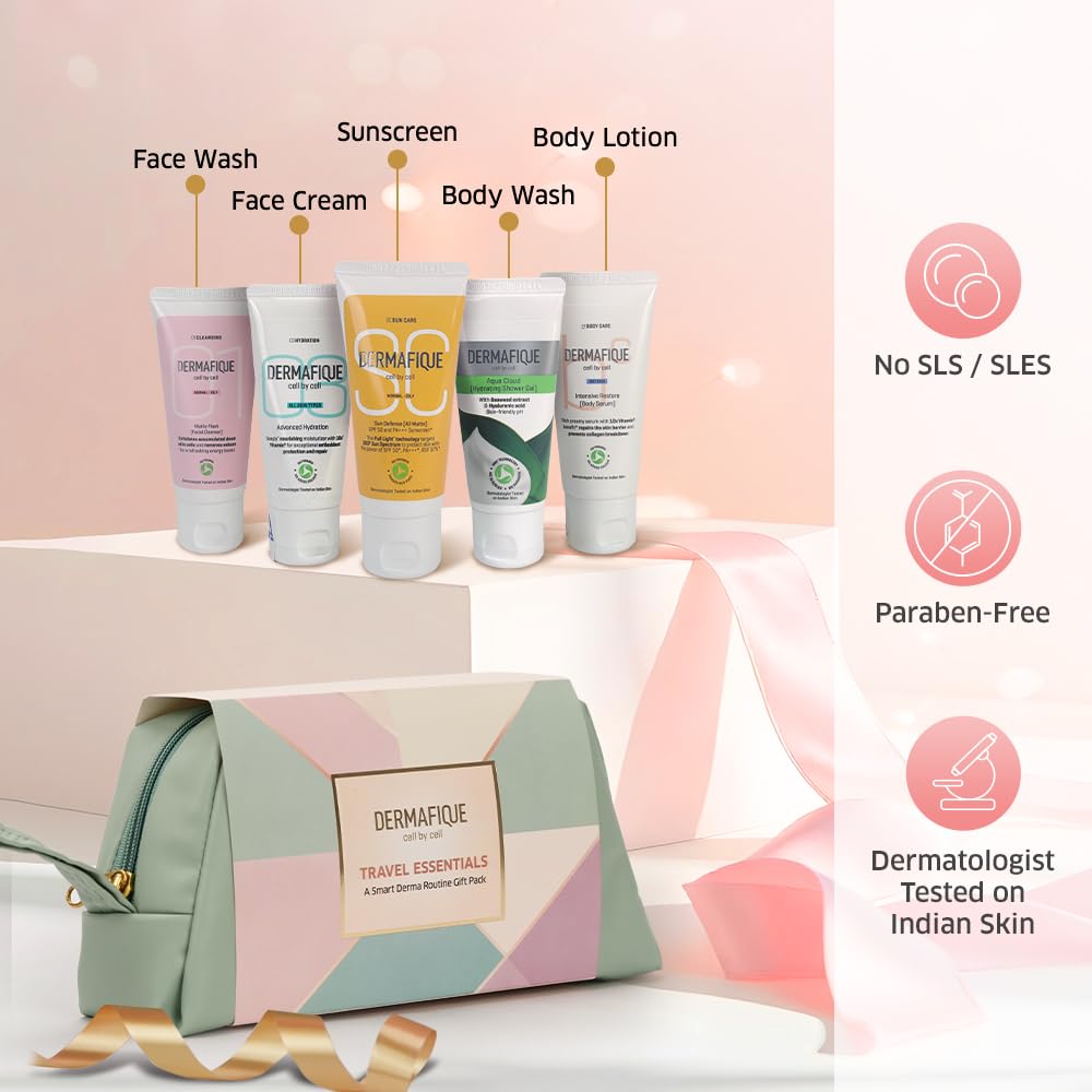 Dermafique Gift Travel Essentials-A Smart Skincare Routine Gift Set of 5, Face Wash, Face Cream, Sunscreen, Body Wash, Body Lotion For Women & Men, Dermatologist Tested, Best Birthday Gift Item by ITC