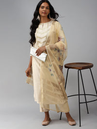 INDO ERA Women's  Cream Solid Viscose Straight Kurta Trouser With Dupatta Set