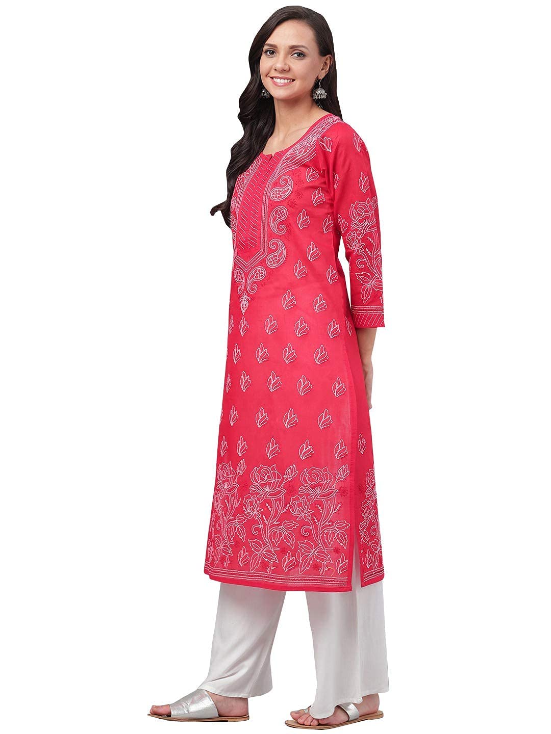 Ada Hand Embroidered Lucknowi Chikankari Straight Cotton Kurti Kurta for Women A220999 White 2XL