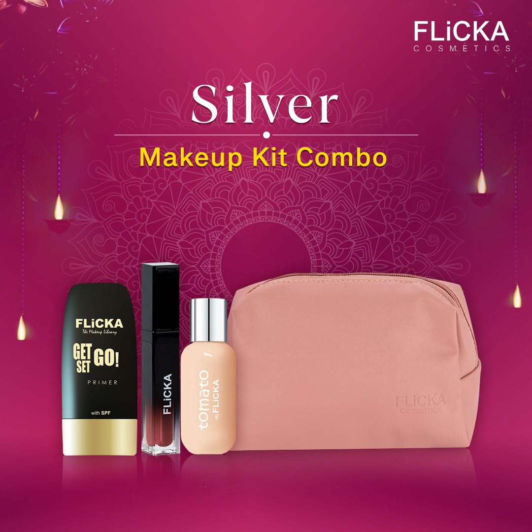 FLiCKA Wedding & Anniversary Gift Makeup Kit Box Combo Pack | Primer, Set & Attack Lipsticks, Tomato Foundation and Pouch (Free) | Best Gift hamper for Sister, Girlfriend, Wife, Mother