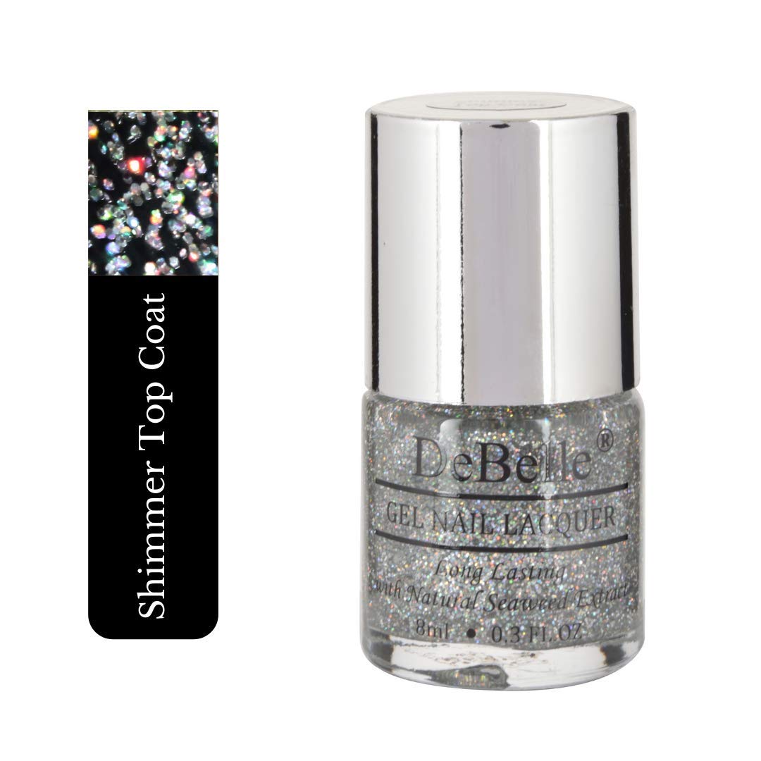 DeBelle Gel Nail Polish Shimmer Top Coat (Holo Shimmer Transparent Nail Paint)|Non UV - Gel Finish |Chip Resistant | Seaweed Enriched Formula| Long Lasting|Cruelty and Toxic Free| 8ml