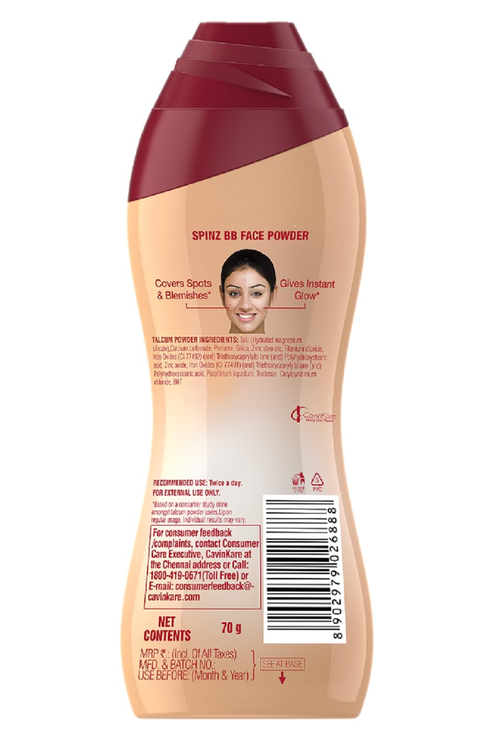 Spinz BB Brightening & Beauty Face Talc for Instant Brightness | Lasts 2X Longer, Covers Dark Spots and Blemishes, Gives Soft and Smooth Skin (Natural Beige) - 70 gm