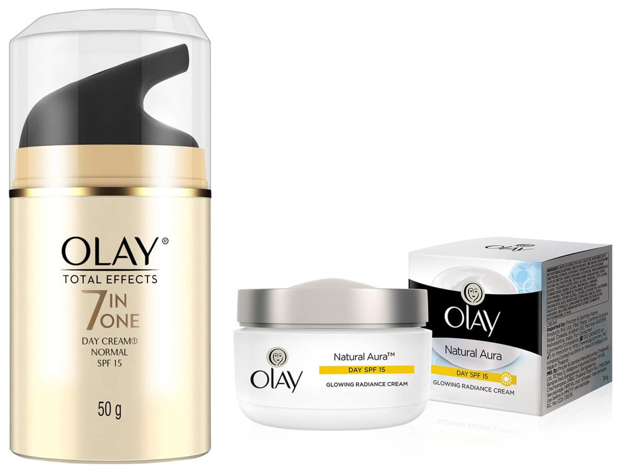Olay Day Cream Natural White Fairness Moisturiser SPF 24, 50g And Olay Day Cream Total Effects 7 in 1, Anti-Ageing SPF 15, 50g