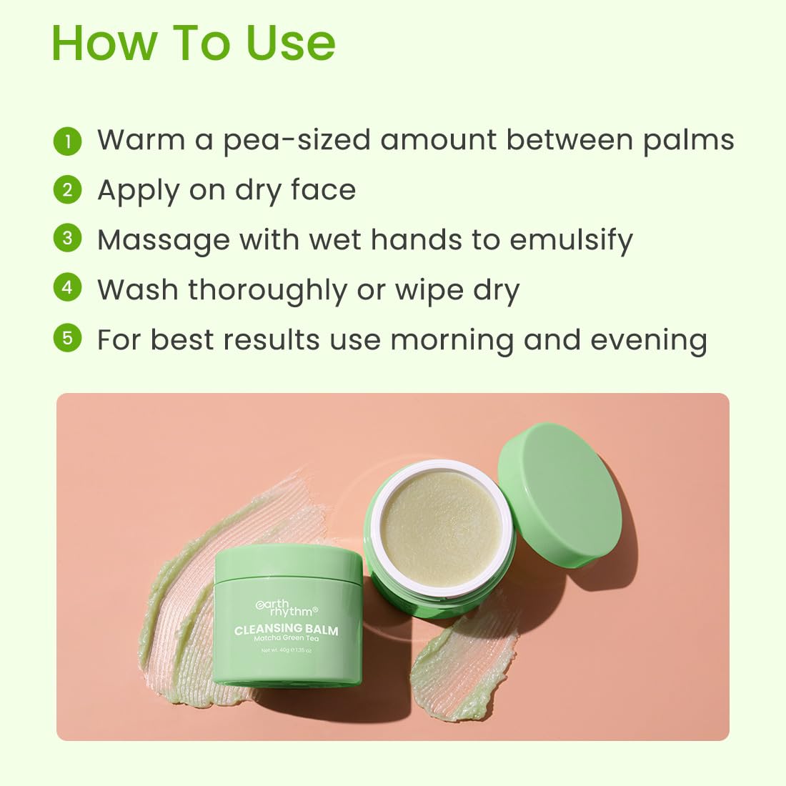 Earth Rhythm Matcha Green Tea Makeup Remover Cleansing Balm | Cleanse Makeup, Removes Excess Oil & Dirt, Detoxifies & Clear Pores | For All Skin Type | Men & Women – 40g