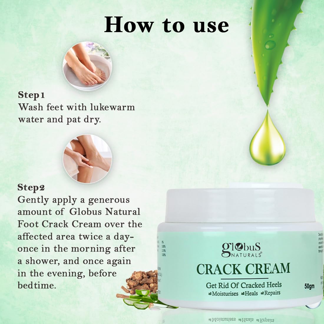 Globus Naturals Crack Cream for Dry Cracked Heels & Feet Enriched with Aloevera, Neem, Anantmool 50g