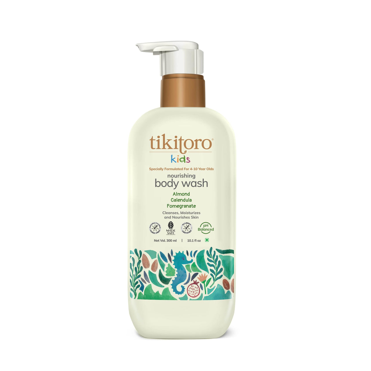 Tikitoro Kids Nourishing Body Wash | Pediatrician Approved | Vegan | Cleanses, Moisturizes & Nourishes Skin | Almond, Calendula, Pomegranate Extract | No Parabens & Sulphates, Age 4+ years (300ml)