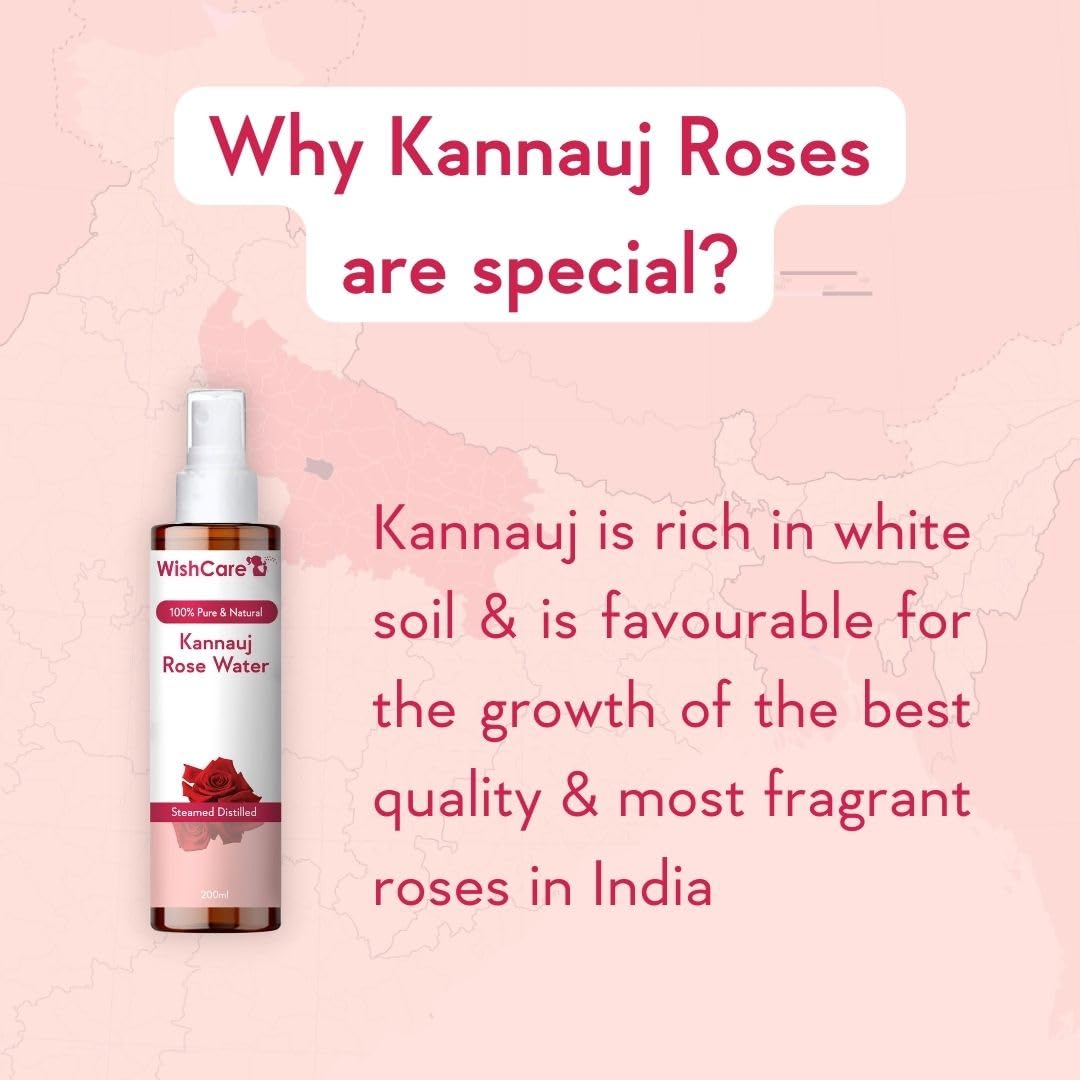 WishCare 100% Pure & Natural Rose Water Liquid - For Skin, Face & Hair - Steam Distilled - Kannauj Gulab Jal - Spray Skin Toner - Free From Paraben, Alcohol & Chemicals - 200 ml