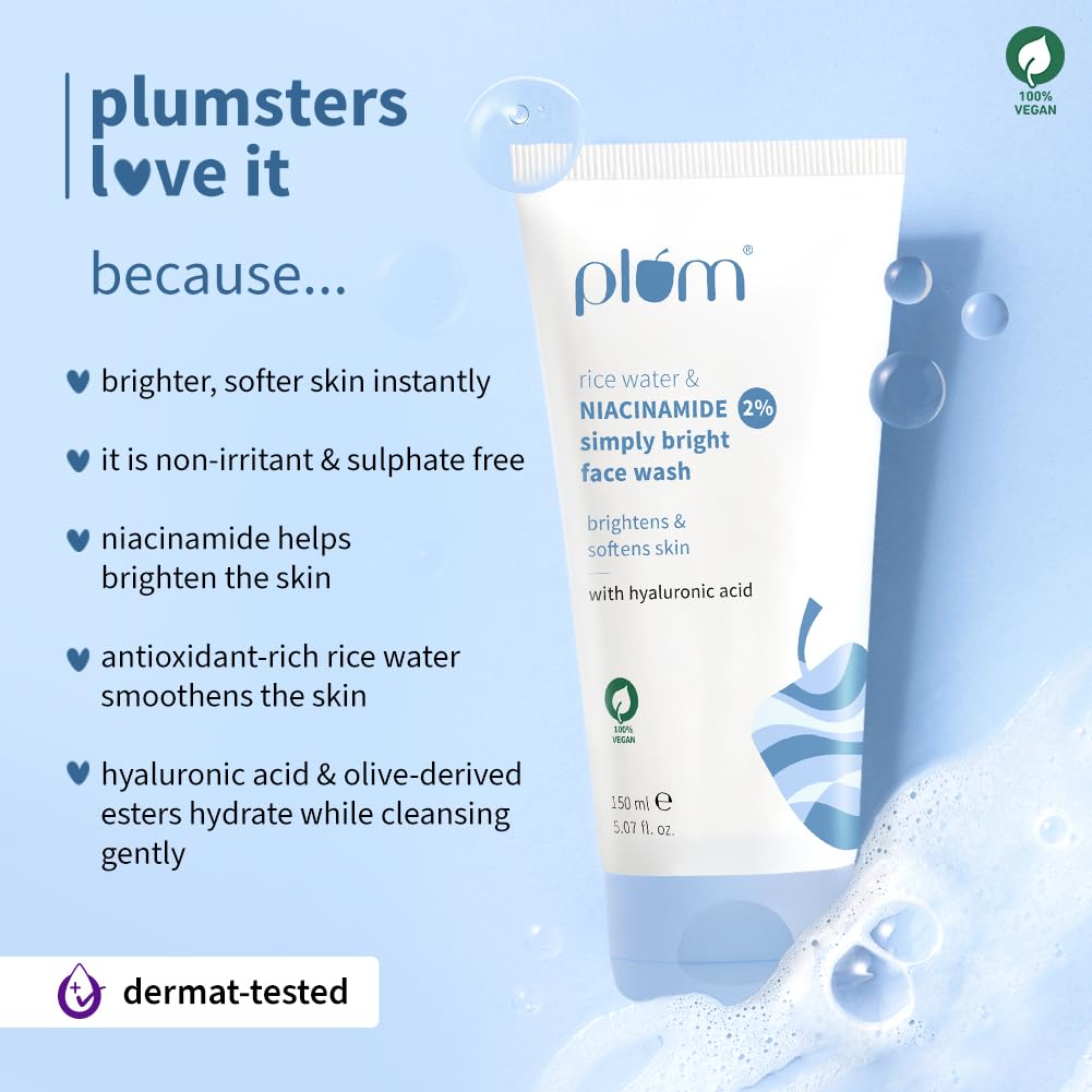 Plum Simply Bright 2% Niacinamide Face Wash with Rice Water | Brightens, Softens & Smoothens Skin | for Oily, Acne Prone, Dry, Normal, Sensitive Skin | Gentle & Non-Drying | for Men & Women | 150ml