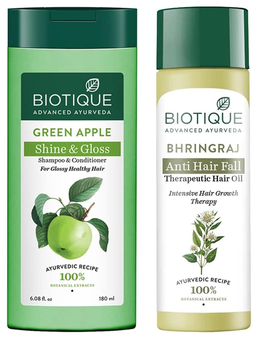 Biotique Bio Bhringraj Fresh Growth Therapeutic Oil, 120ml & Biotique Bio Green Apple Fresh Daily Purifying Shampoo and Conditioner for Oily Scalp and Hair, 180ml