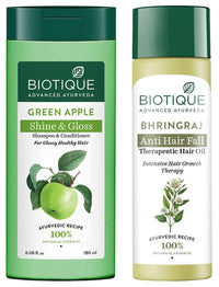 Biotique Bio Bhringraj Fresh Growth Therapeutic Oil, 120ml & Biotique Bio Green Apple Fresh Daily Purifying Shampoo and Conditioner for Oily Scalp and Hair, 180ml