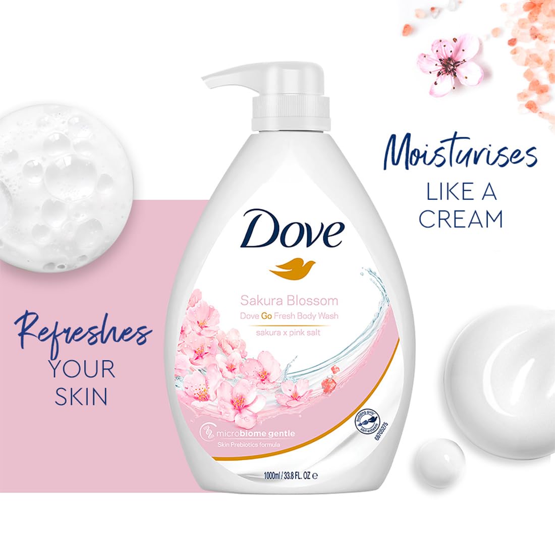 Dove Refreshing Sakura Blossom Body Wash with Himalaya Pink Salt for Replenished Skin, 1L