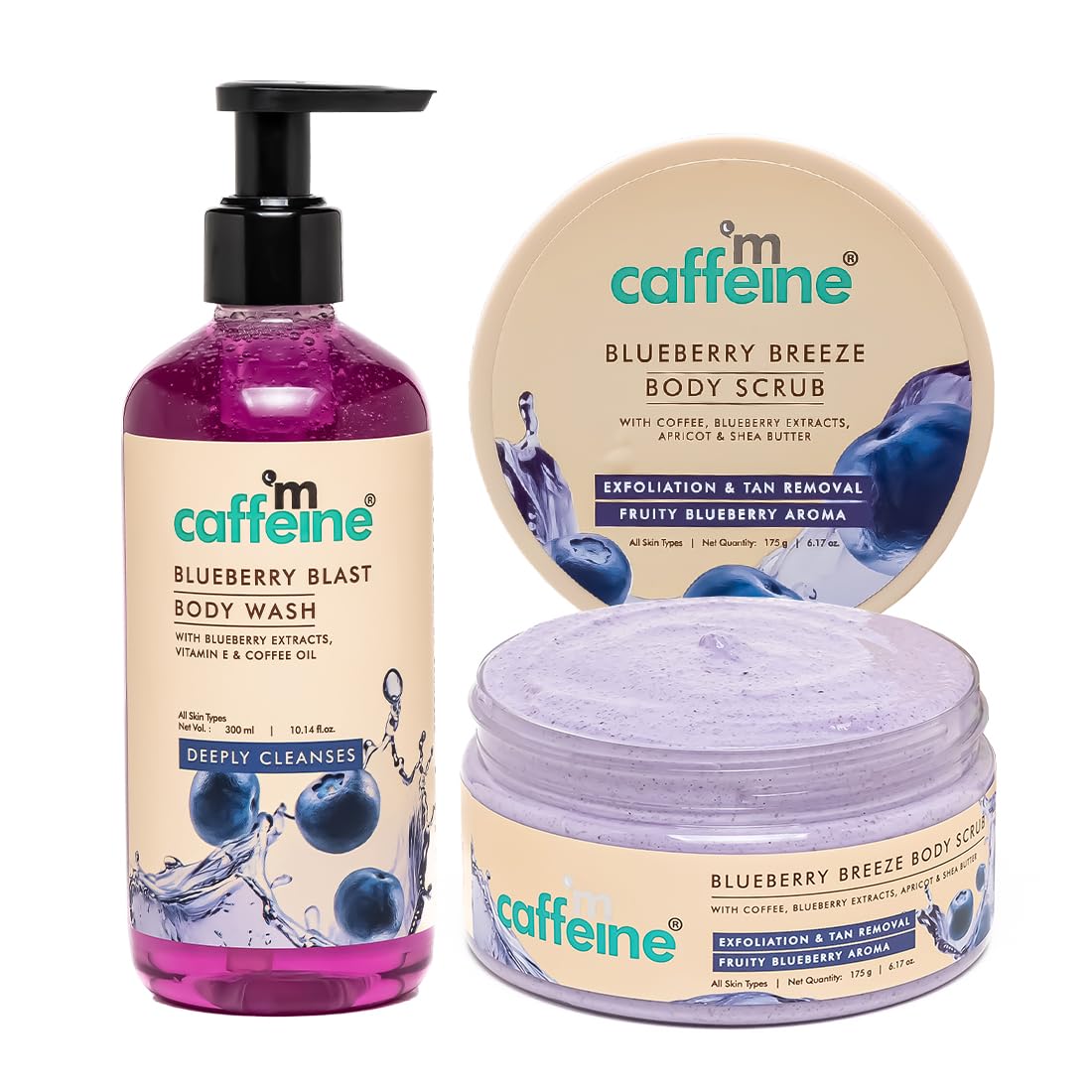 mCaffeine Blueberry Blast Detan & Cleanse Duo for Glowing Skin| Deep Cleanses, Exfoliates, Nourishes| Blueberry Body Wash - 300ml & Bluberry Scrub - 175 g | Fruity Blueberry Aroma for Men & Women