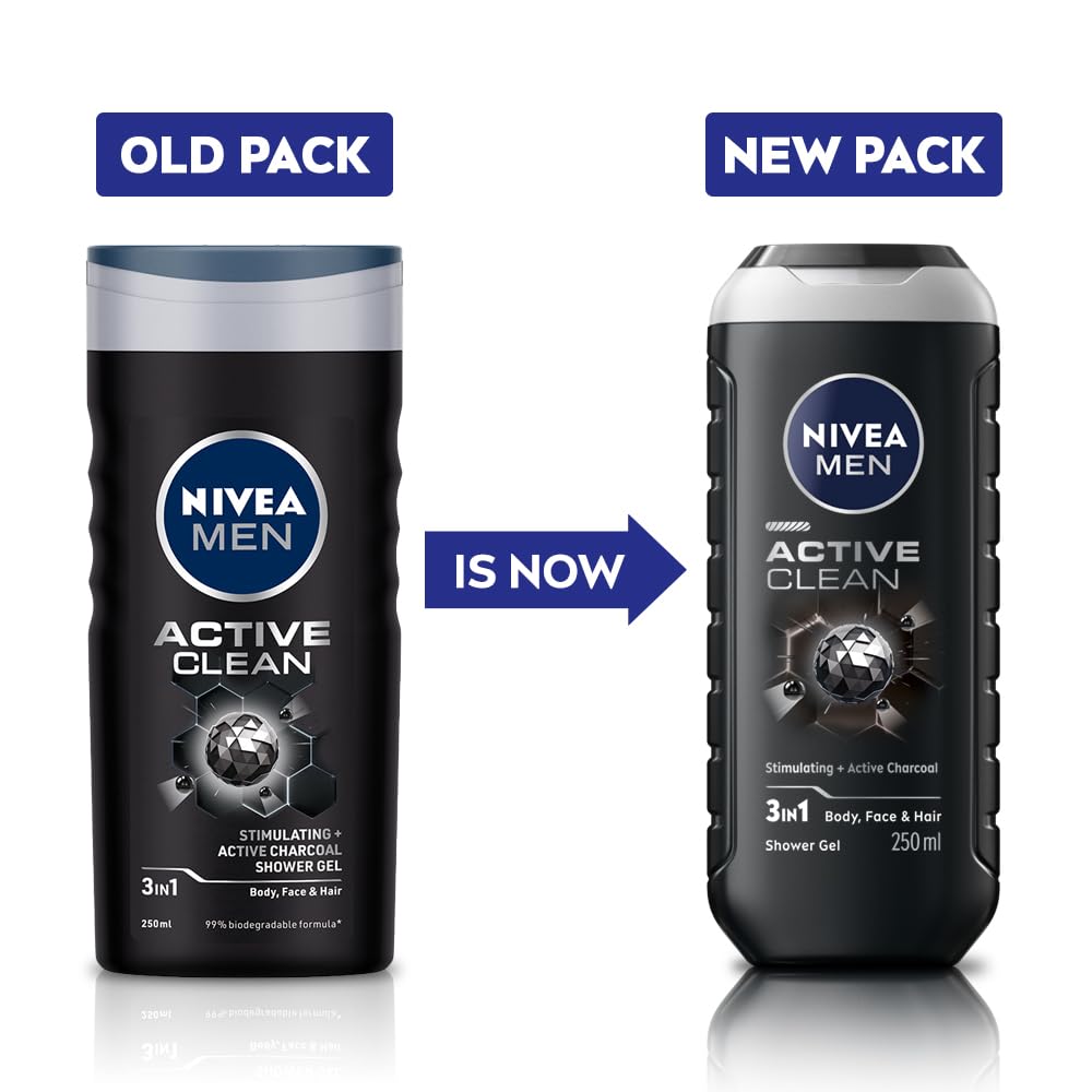 NIVEA Men Body Wash, Active Clean with Active Charcoal, Shower Gel for Body, Face & Hair, 250 ml