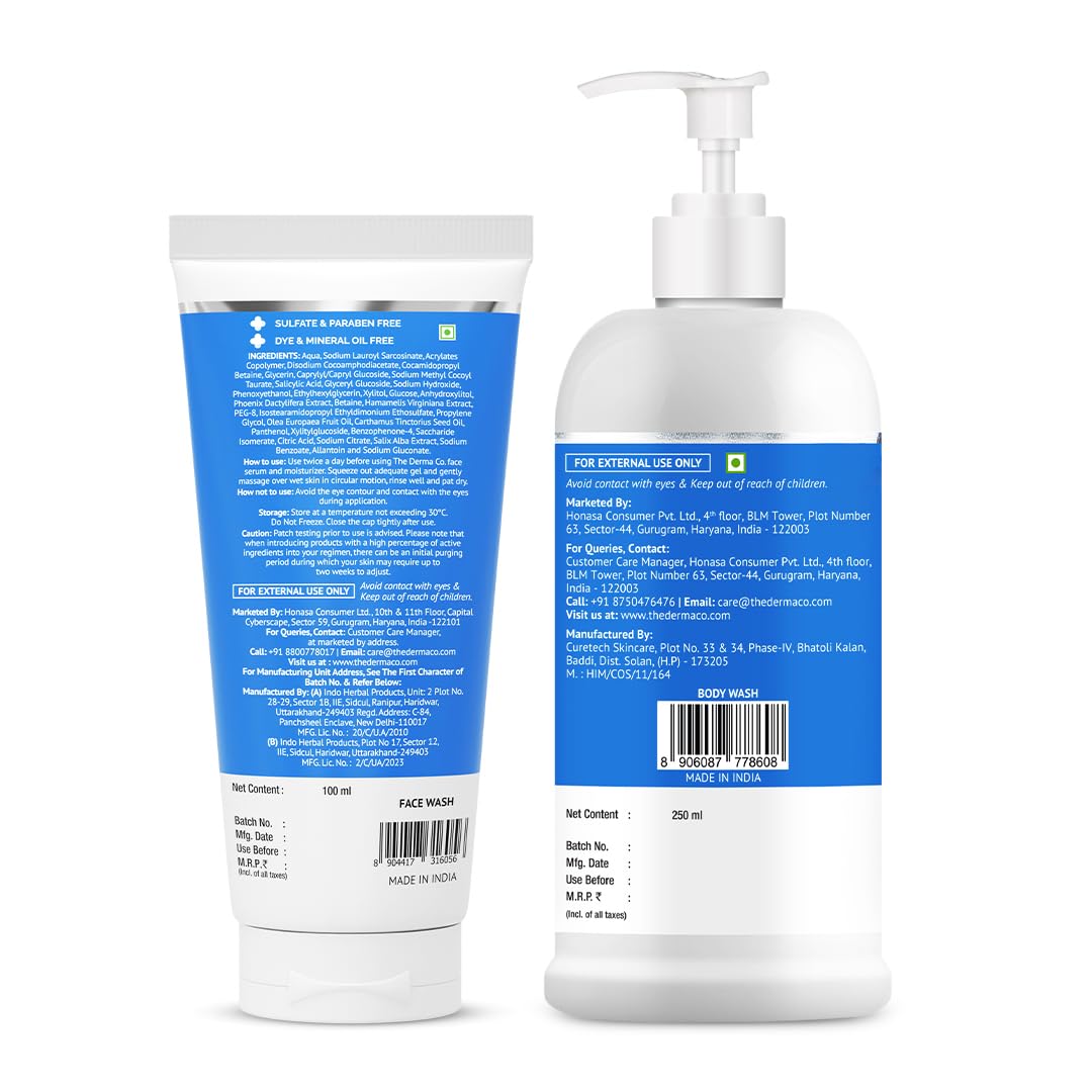 The Derma Co. Anti-acne Face & Body Cleanse Combo (2% Salicylic Acid Gel Face Wash 100ml + The Derma Co 1% Salicylic Acid Daily Exfoliating Body Wash with Salicylic Acid , Glycolic Acid & PENTAVITIN® - 250ml) |Fights Active Acne | Deeply Cleanses | Smooth