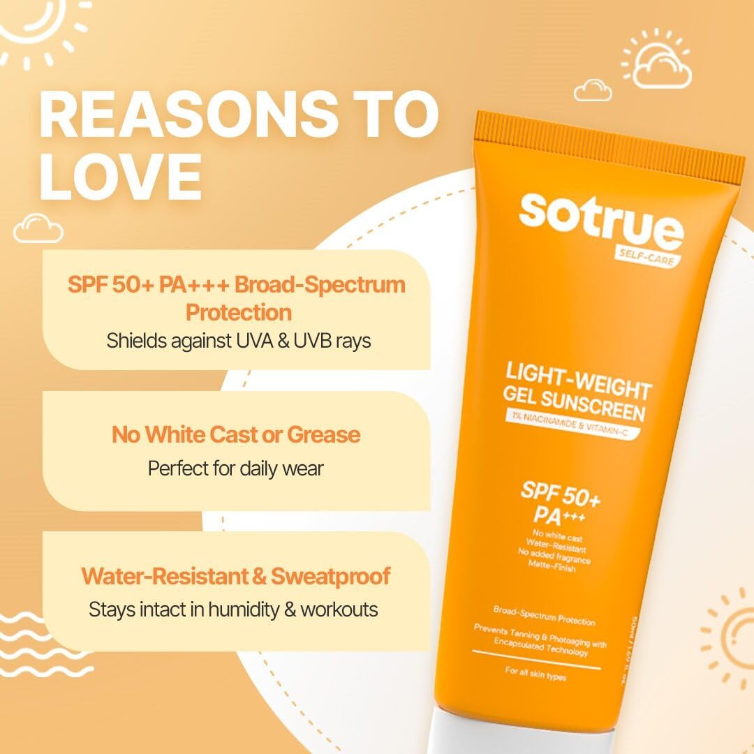 Sotrue Lightweight Gel Sunscreen SPF 50+ PA+++ for Face | Matte Finish & Water-Resistant | No White Cast, 1% Niacinamide & Vitamin C | Broad Spectrum UV Protection | Fragrance-Free | All Skin Types | 50ml