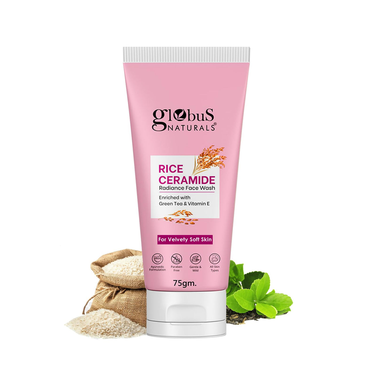 Globus Naturals Rice Ceramide Korean Velvety Skin Face Wash | Improves skin barrier| Ayurvedic Preparation| Paraben Free, Gentle & Mild| Suitable For All Skin Types, 75 gm