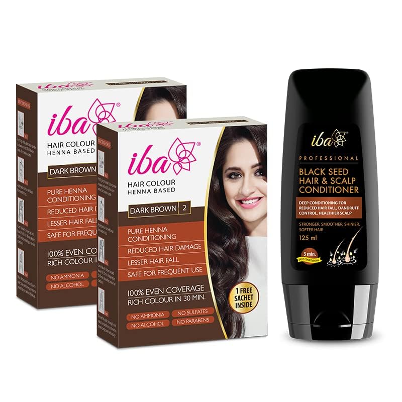 Iba Henna Based Hair Colour Dark Brown Pack of 2 + Black Seed Conditioner Combo (140g+ 125ml), Naturally Coloured Hair & Long Lasting | Conditioning | Reduced Hair fall & Hair Damage | Shine & Nourish Hair | Ammonia & Sulphate Free Formula | Halal Certifi