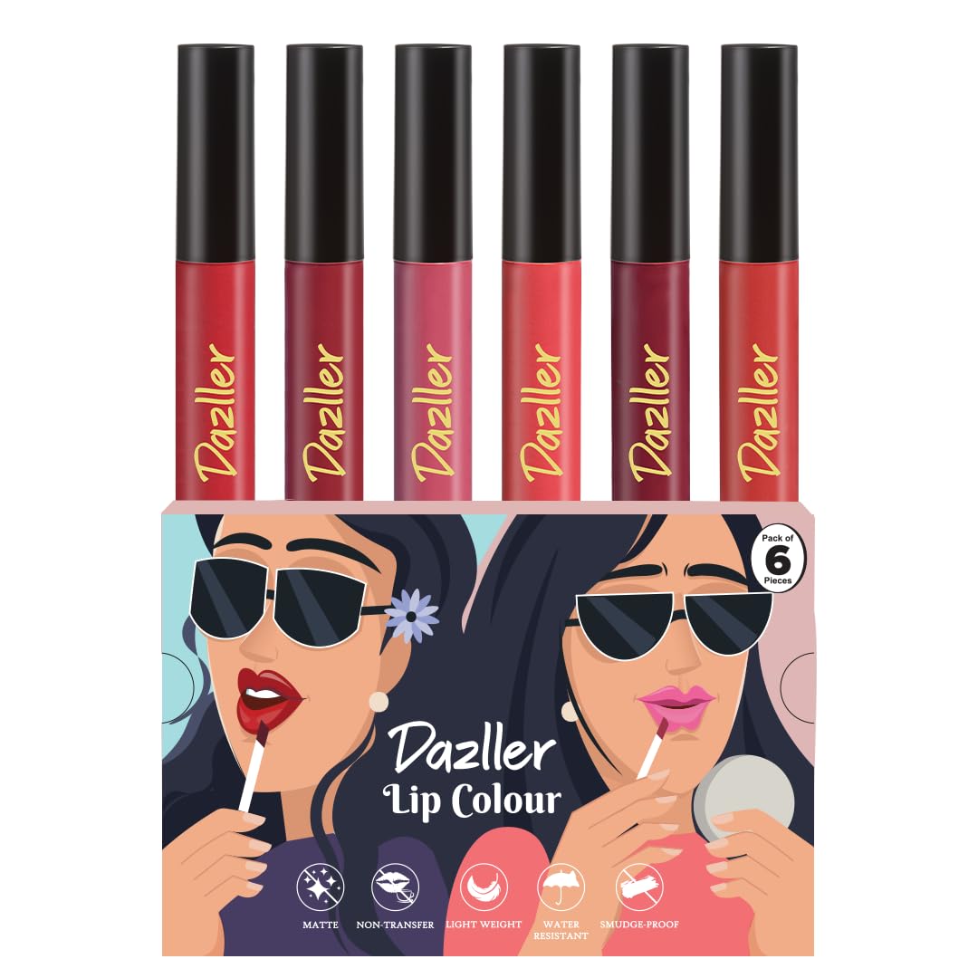 Dazller Lip Colour Lipstick Combo Pack of 6|Vibrant Matte Liquid Lipstick for Women|Long Stay|Smudge-Proof|Non-Transfer|Nude Mood|21.6g