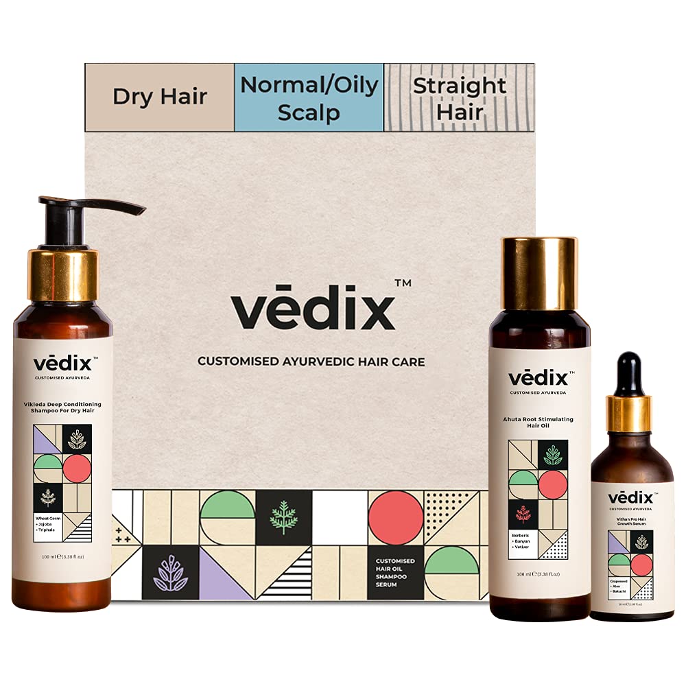 Vedix Customized Hair Fall Control Regimen For Dry Hair - 3 Product Kit - Anti Hair Fall Oil Berberis + Banyan - Anti-Hairfall Shampoo For Dry Hair - Vithan Pro Hair Growth Serum