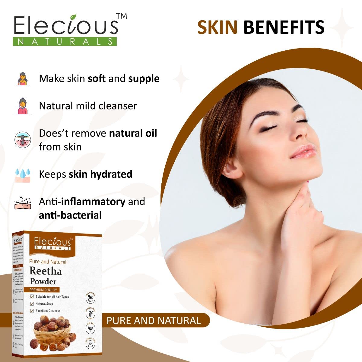 Elecious Pure Reetha Powder for Hair (200 Grams) | Ideal for Hair, Face and Skin | Soapnut powder | 100% Pure and Natural, No Chemcial, No Preservative.