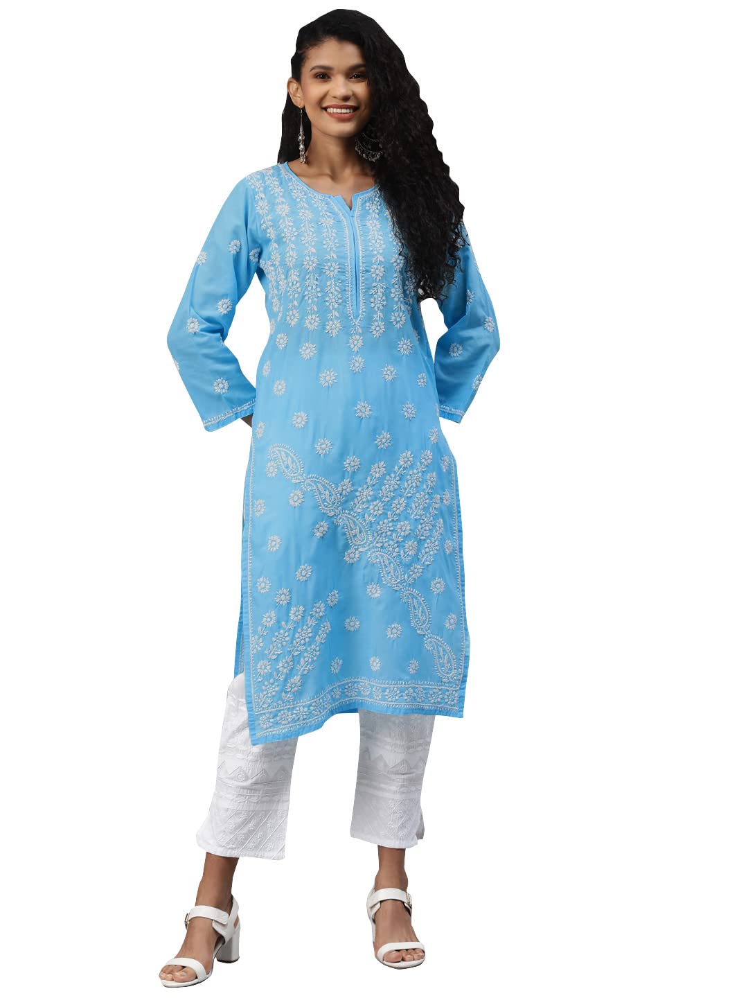 Ada Hand Embroidered Lucknowi Chikankari Ethnic Wear Cotton Kurta Kurti Tunic for Women