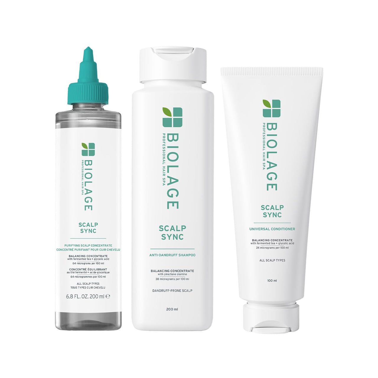 Biolage Scalp Sync Anti-Dandruff 3-Step Combo (Exfoliate 200ml+Shampoo 200ml+ Conditioner100ml), Soothed and Hydrated Scalp for up to 72 hours*, Enriched with Fermented Tea & Glycolic Acid