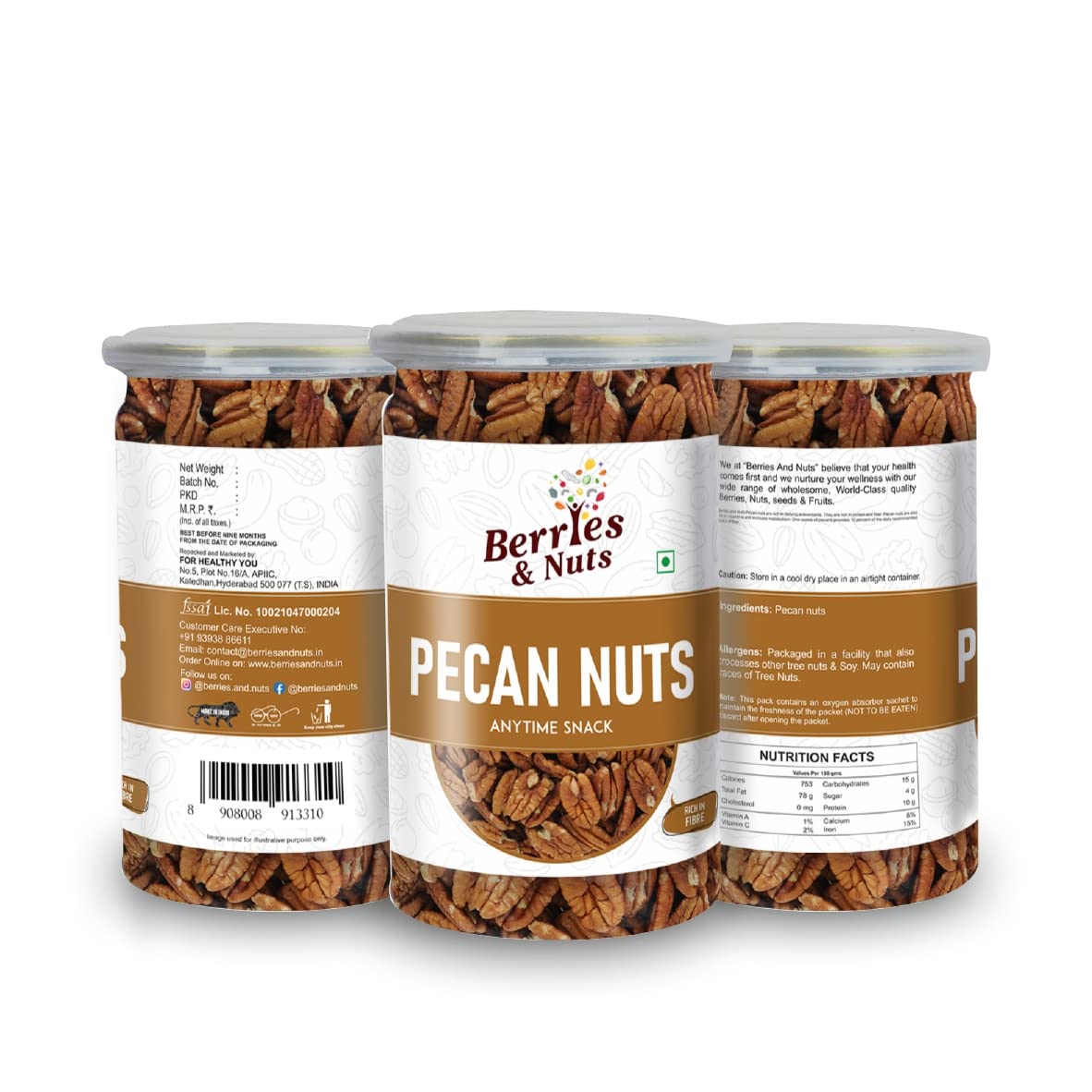 Berries And Nuts Premium American Pecan Nuts 450 Grams | Crunchy Nuts, Rich in Protein & Fibre, Pecans | 3 Bottle of 150 Grams