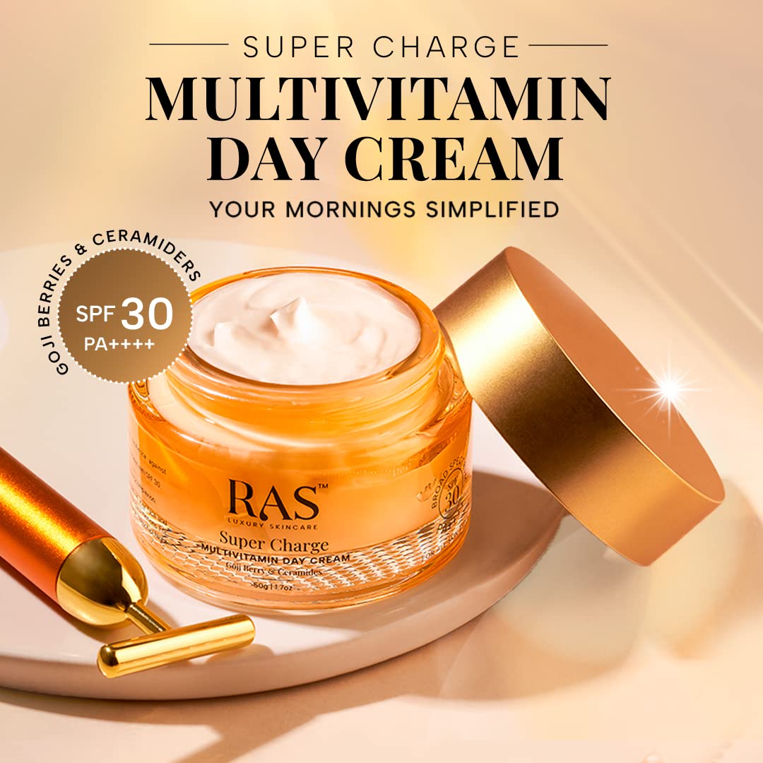 Ras Luxury Oils Super Charge Day Cream with SPF 30 PA++++ Goji Berry & Ceramides | Moisturizer for Glowing Skin with 72HR Hydration | For Skin Brightening | Normal, Oily, Dry & Combination Skin |15gm