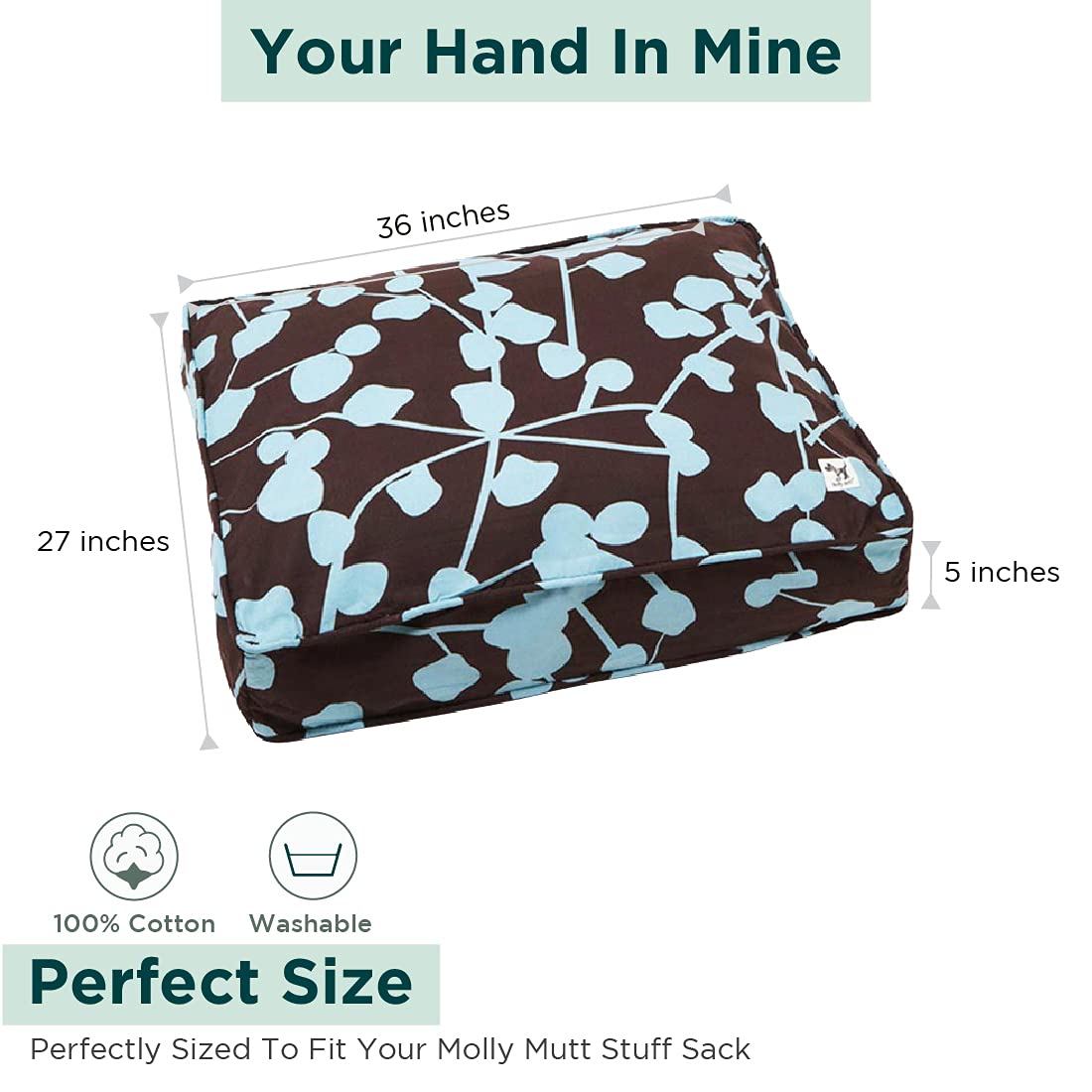 Molly Mutt Medium To Large Dog Bed Cover - Your Hand In Mine Print - Measures 27X36X5 - 100% Cotton - Durable - Breathable - Sustainable - Machine Washable Dog Bed Cover